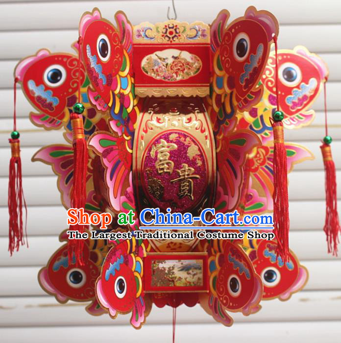 Chinese Traditional Handmade Paper Carving Fishes Red Palace Lantern Asian New Year Lantern Ancient Lamp