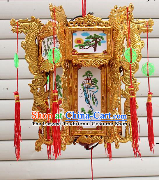 Chinese Traditional Handmade Carving Golden Dragons Palace Lantern Asian New Year Lantern Ancient Ceiling Lamp