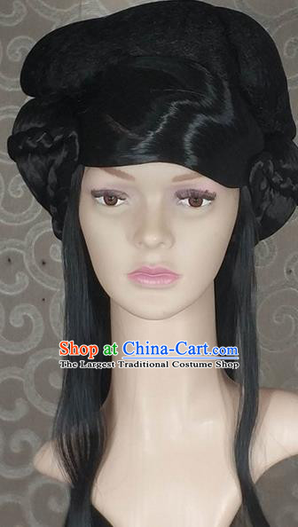 Chinese Ancient Princess Wigs Traditional Tang Dynasty Nobility Lady Black Long Wig Sheath Headwear for Women