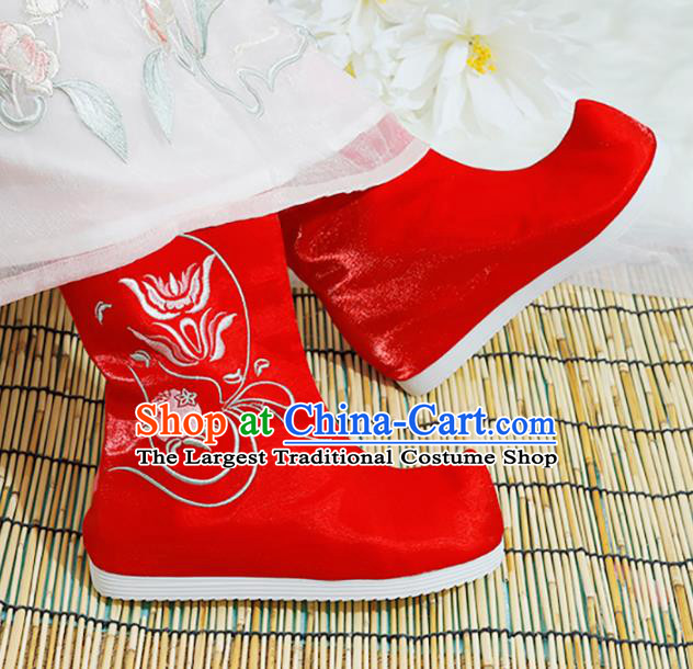 Chinese National Embroidered Flower Red Boots Hanfu Shoes Traditional Princess Shoes Ancient Shoes for Women