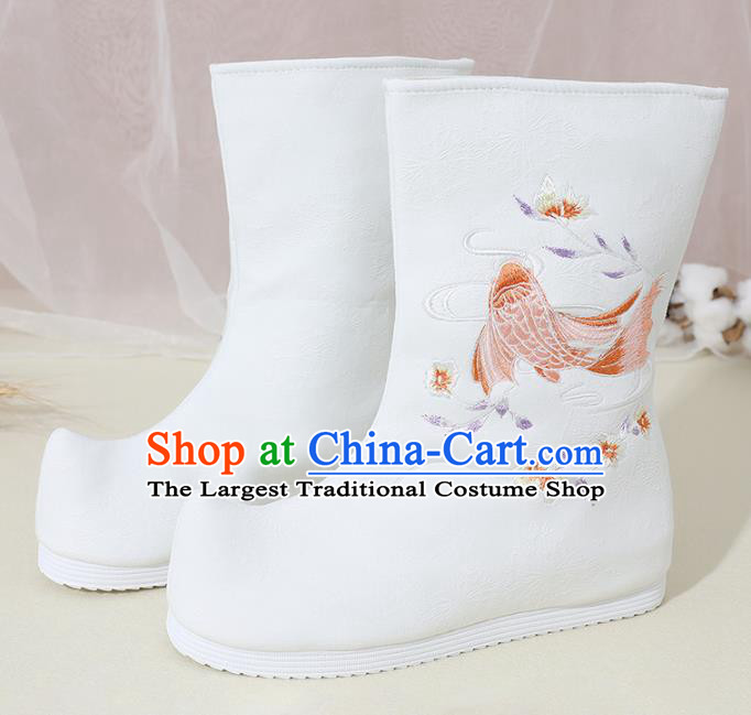 Chinese National Embroidered Carp White Boots Hanfu Shoes Traditional Princess Shoes Ancient Shoes for Women