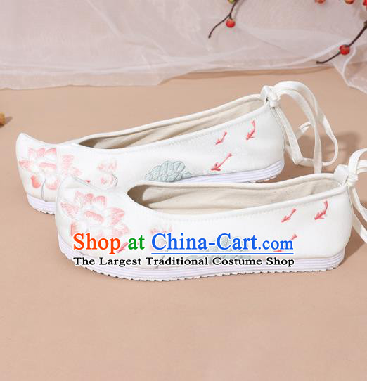 Chinese National White Embroidered Lotus Shoes Ancient Traditional Princess Shoes Hanfu Shoes for Women