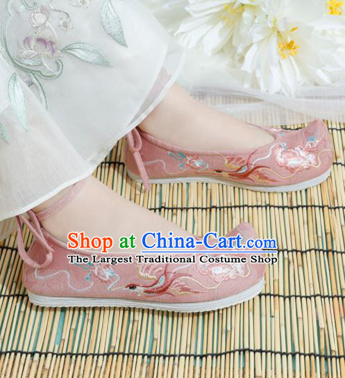 Chinese National Embroidered Phoenix Peony Pink Shoes Ancient Traditional Princess Shoes Hanfu Shoes for Women