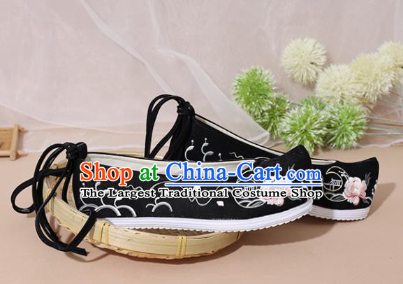 Chinese National Embroidered Peony Black Shoes Ancient Traditional Princess Shoes Hanfu Shoes for Women