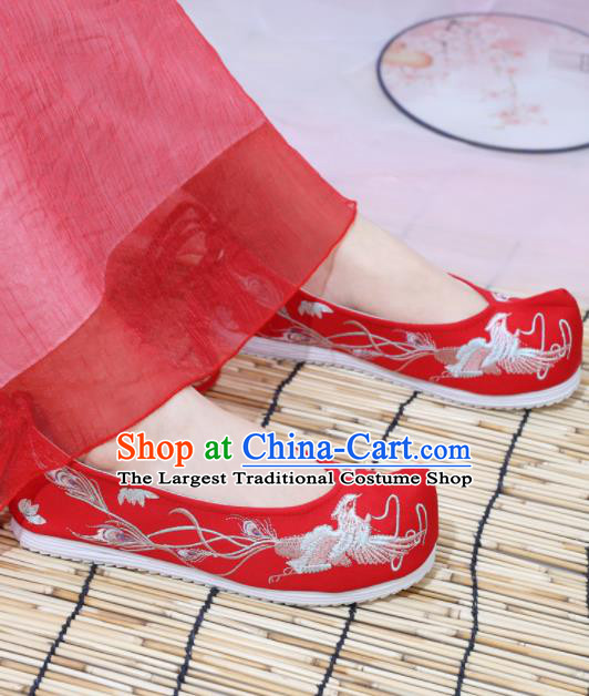 Traditional Chinese National Embroidered Phoenix Red Shoes Ancient Princess Shoes Handmade Hanfu Shoes for Women