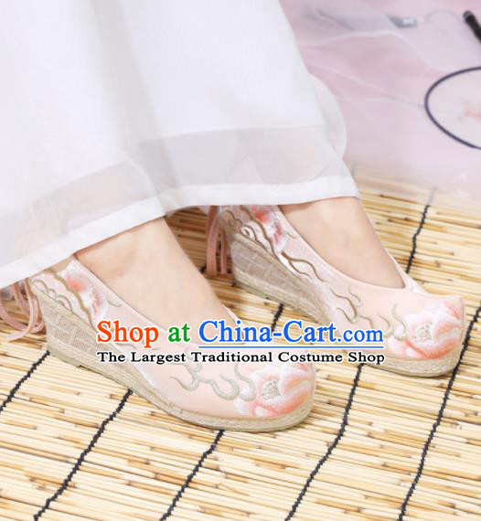 Traditional Chinese National Embroidered Peony High Heels Pink Shoes Ancient Princess Shoes Handmade Hanfu Shoes for Women