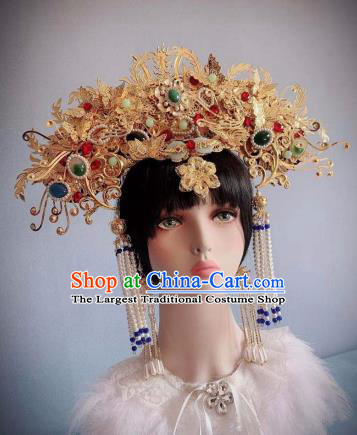 Traditional Chinese Deluxe Golden Phoenix Coronet Hair Accessories Halloween Stage Show Headdress for Women