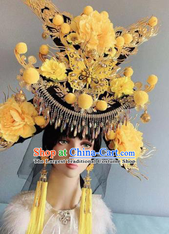 Traditional Chinese Deluxe Yellow Peony Phoenix Coronet Hair Accessories Halloween Stage Show Headdress for Women