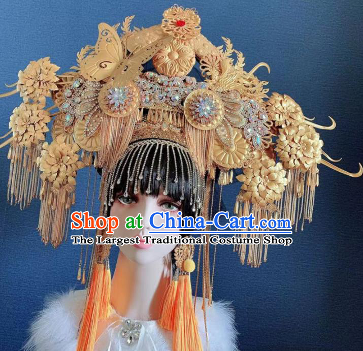 Traditional Chinese Deluxe Golden Butterfly Tassel Phoenix Coronet Hair Accessories Halloween Stage Show Headdress for Women