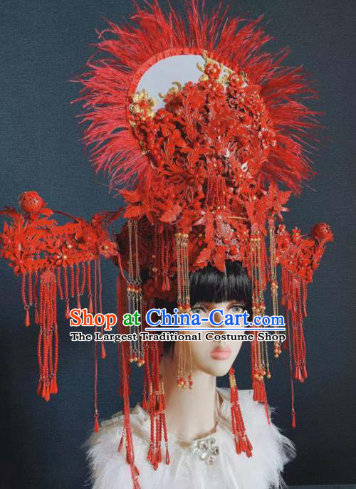 Traditional Chinese Deluxe Red Tassel Hat Phoenix Coronet Hair Accessories Halloween Stage Show Headdress for Women