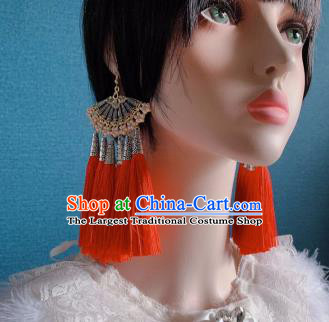 Traditional Chinese Deluxe Orange Tassel Fan Ear Accessories Halloween Stage Show Earrings for Women