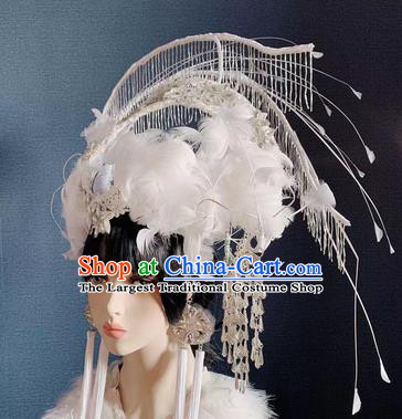 Traditional Chinese Deluxe White Feather Phoenix Coronet Hair Accessories Halloween Stage Show Headdress for Women