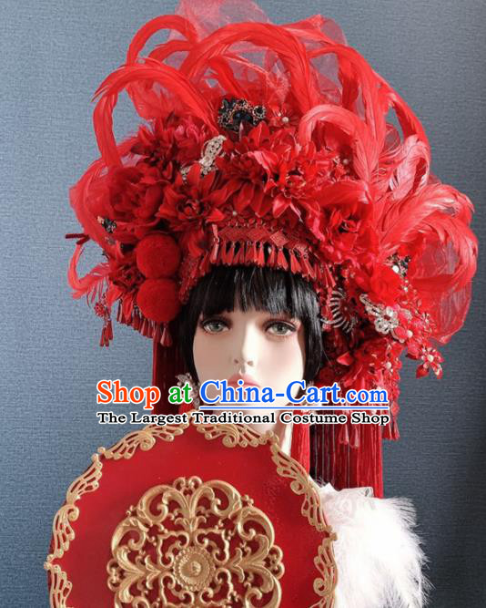 Traditional Chinese Deluxe Red Feather Phoenix Coronet Hair Accessories Halloween Stage Show Headdress for Women