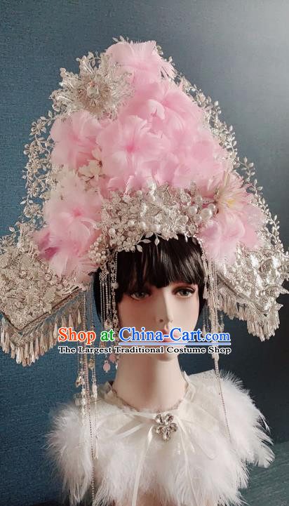 Traditional Chinese Deluxe Pink Feather Flowers Phoenix Coronet Hair Accessories Halloween Stage Show Headdress for Women