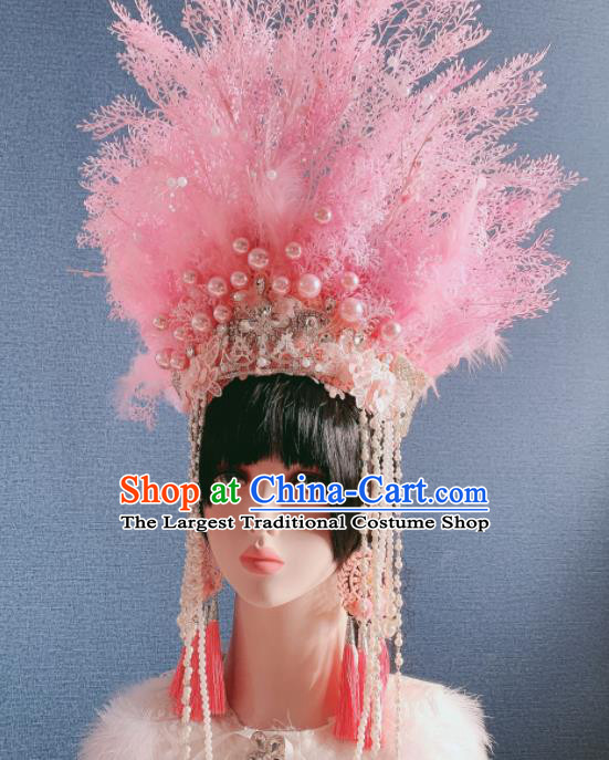 Traditional Chinese Deluxe Pink Feather Phoenix Coronet Hair Accessories Halloween Stage Show Headdress for Women