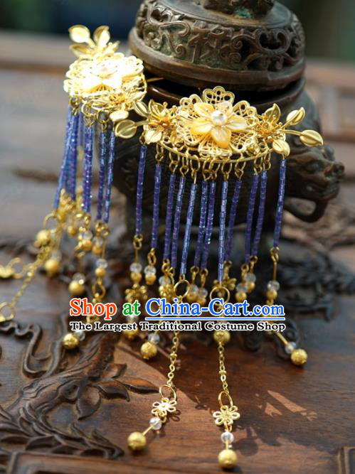 Traditional Chinese Handmade Hair Accessories Ancient Hanfu Blue Beads Tassel Hair Combs for Women