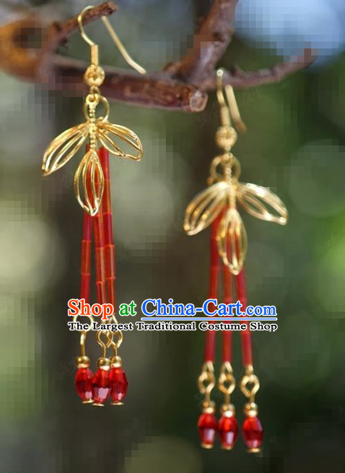 Traditional Chinese Handmade Court Red Tassel Ear Accessories Ancient Princess Earrings for Women