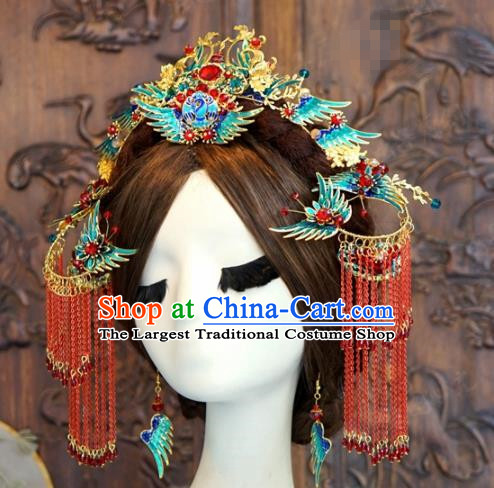 Traditional Chinese Wedding Hair Accessories Cloisonne Phoenix Coronet Ancient Bride Hairpins Complete Set for Women