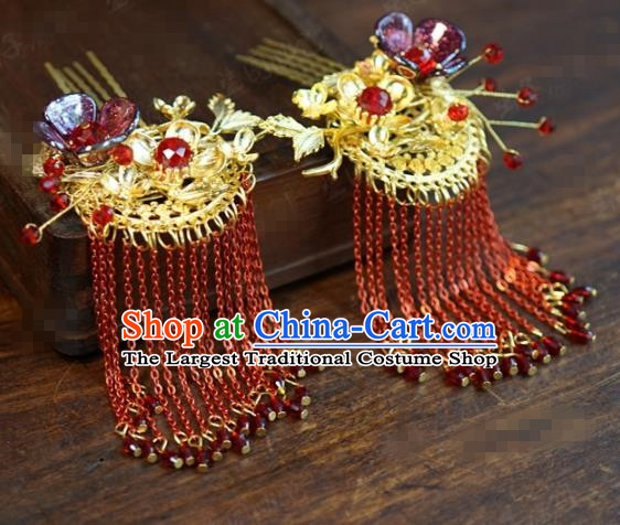 Traditional Chinese Ancient Queen Red Tassel Hair Clip Handmade Hanfu Court Hairpins Hair Accessories for Women