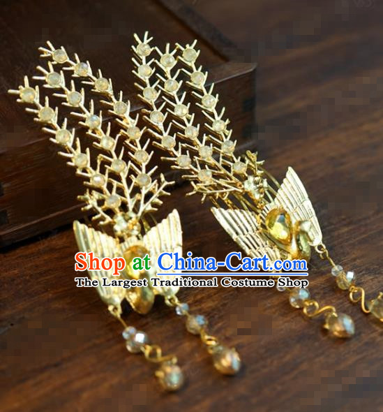 Traditional Chinese Ancient Bride Golden Phoenix Hair Comb Handmade Hanfu Court Queen Hairpins Hair Accessories for Women