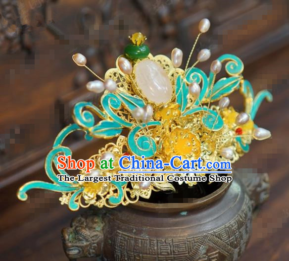Traditional Chinese Ancient Bride Pearls Hair Crown Handmade Hanfu Court Queen Hairpins Hair Accessories for Women