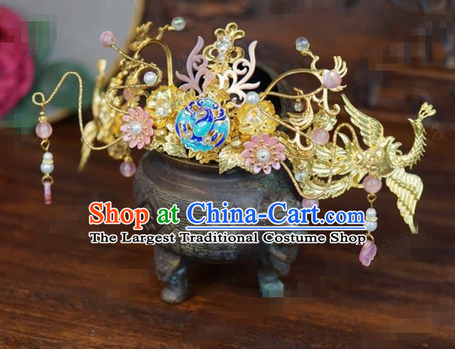 Traditional Chinese Ancient Bride Blueing Crane Hair Crown Handmade Hanfu Court Queen Hairpins Hair Accessories for Women