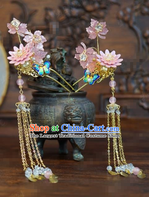 Traditional Chinese Ancient Bride Lotus Butterfly Tassel Hair Clip Handmade Hanfu Court Queen Hairpins Hair Accessories for Women