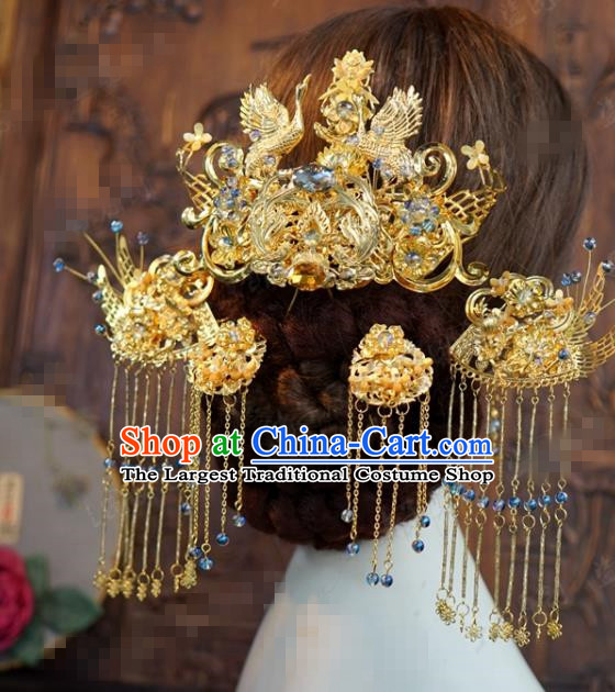 Traditional Chinese Wedding Hair Accessories Ancient Bride Golden Cranes Phoenix Coronet Hairpins Complete Set for Women