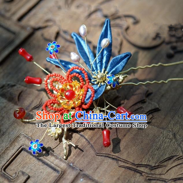 Traditional Chinese Handmade Court Hairpins Hair Accessories Ancient Queen Hanfu Blue Flower Hair Clip for Women