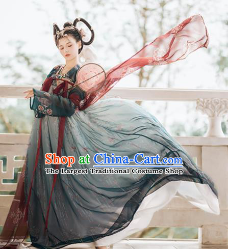 Traditional Chinese Tang Dynasty Court Replica Costumes Ancient Imperial Consort Deep Green Hanfu Dress for Women