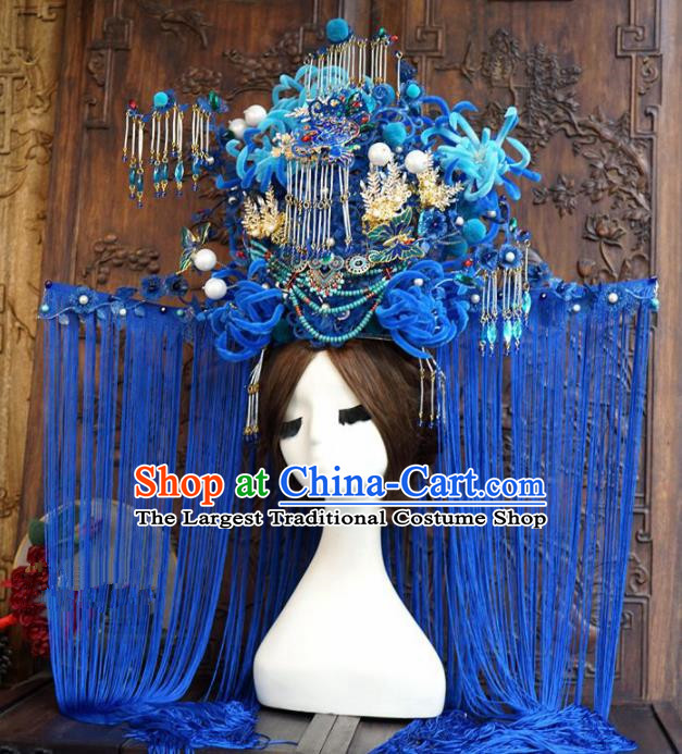 Traditional Chinese Wedding Luxury Phoenix Coronet Hair Accessories Ancient Bride Blue Hairpins Complete Set for Women