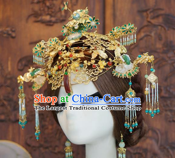 Traditional Chinese Wedding Luxury Agate Phoenix Coronet Hair Accessories Ancient Bride Hairpins Complete Set for Women