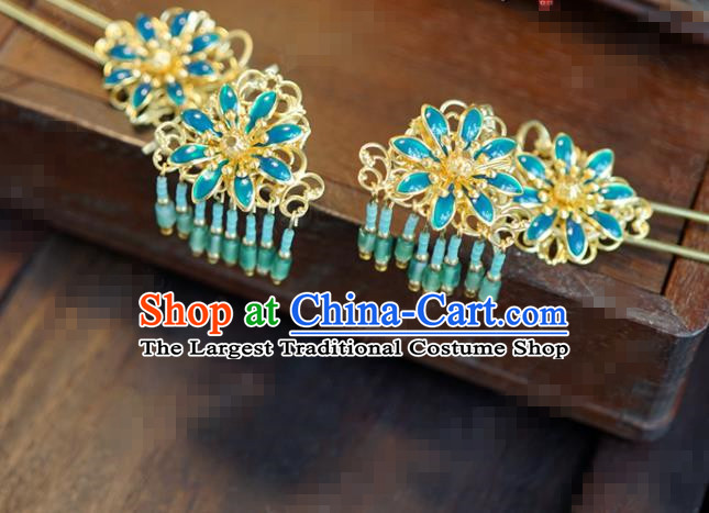 Traditional Chinese Ancient Bride Green Tassel Hair Clip Hanfu Court Queen Hairpins Handmade Hair Accessories for Women