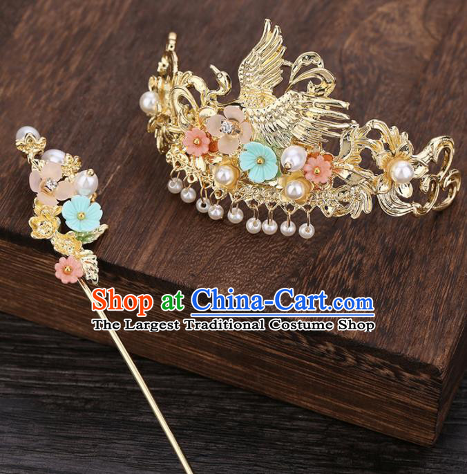 Traditional Chinese Ancient Hanfu Crane Hair Crown Court Queen Hairpins Handmade Hair Accessories for Women