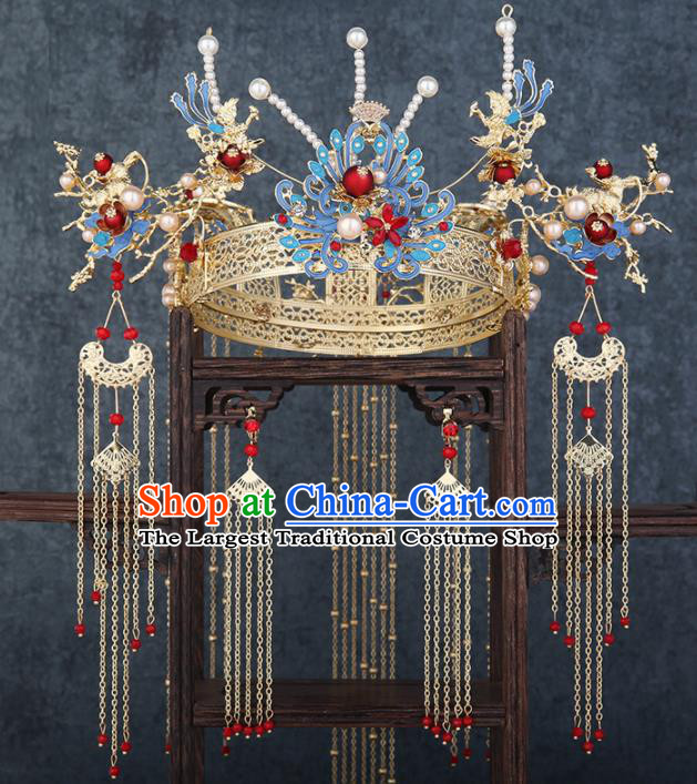 Traditional Chinese Wedding Blueing Phoenix Coronet Luxury Hair Accessories Ancient Bride Hairpins Complete Set for Women