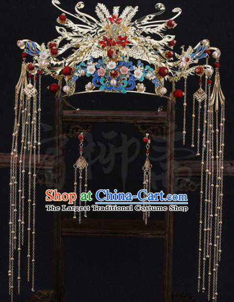 Traditional Chinese Wedding Golden Phoenix Coronet Luxury Hair Accessories Ancient Bride Hairpins Complete Set for Women