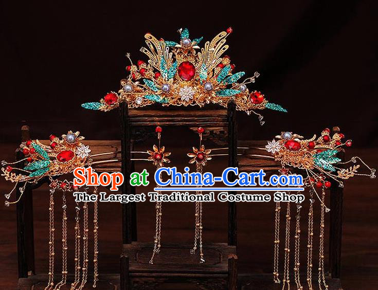 Traditional Chinese Wedding Red Crystal Phoenix Coronet Luxury Hair Accessories Ancient Bride Hairpins Complete Set for Women