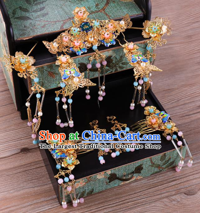 Traditional Chinese Wedding Blueing Hair Comb Luxury Hair Accessories Ancient Bride Hairpins Complete Set for Women