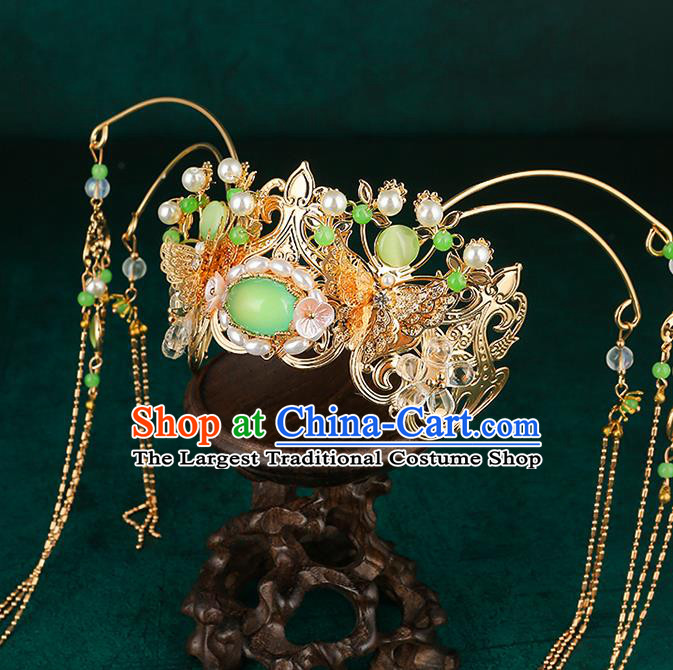 Traditional Chinese Wedding Pearls Green Hair Crown Hair Accessories Ancient Bride Tassel Hairpins Complete Set for Women