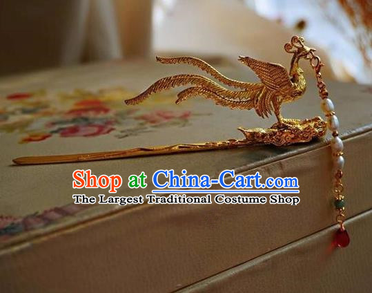 Traditional Chinese Hanfu Pearls Tassel Phoenix Hair Clip Ancient Court Queen Hairpins Handmade Hair Accessories for Women