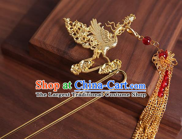 Traditional Chinese Hanfu Golden Phoenix Tassel Hair Clip Ancient Court Queen Hairpins Handmade Hair Accessories for Women