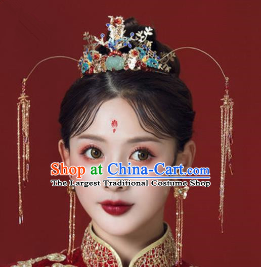 Traditional Chinese Wedding Lotus Phoenix Coronet Hair Accessories Ancient Bride Tassel Hairpins Complete Set for Women