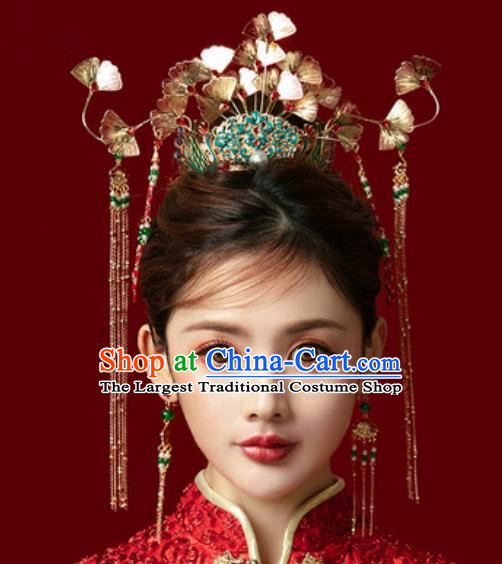 Traditional Chinese Ginkgo Wedding Hair Crown Hair Accessories Ancient Bride Tassel Hairpins Complete Set