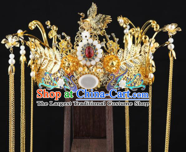 Traditional Chinese Wedding Crane Phoenix Coronet Hair Accessories Ancient Bride Tassel Hairpins Complete Set