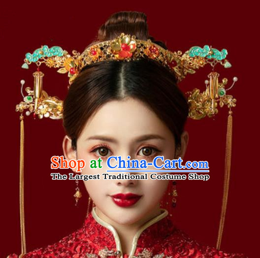 Traditional Chinese Wedding Luxury Blueing Cloud Phoenix Coronet Hair Accessories Ancient Bride Hairpins Complete Set