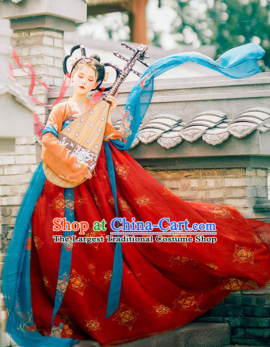 Traditional Chinese Tang Dynasty Royal Princess Replica Costumes Ancient Flying Apsaras Red Hanfu Dress for Women