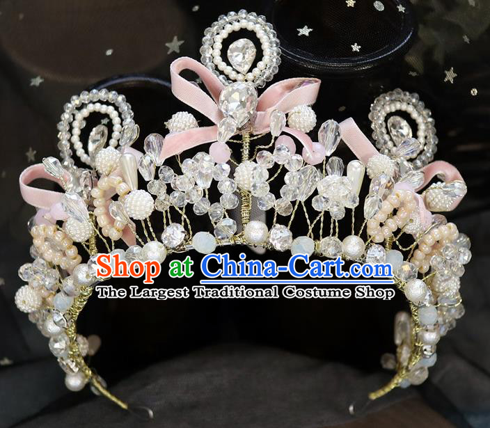 Handmade Baroque Princess Pearls Pink Bowkont Royal Crown Children Hair Clasp Hair Accessories for Kids