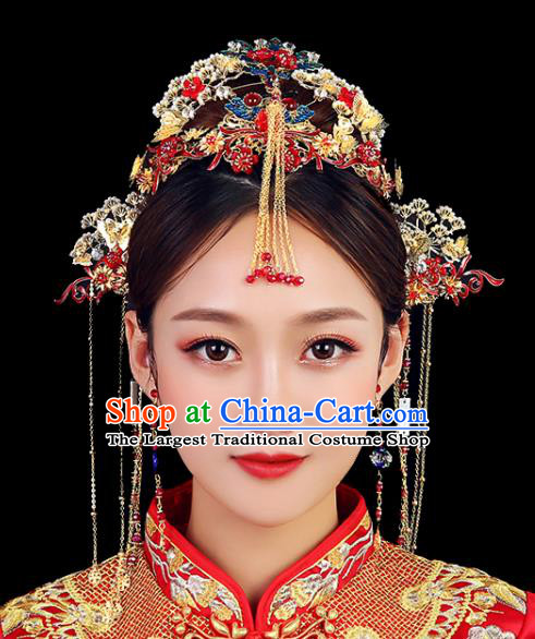 Traditional Chinese Wedding Blueing Phoenix Coronet Handmade Ancient Bride Hairpins Hair Accessories Complete Set