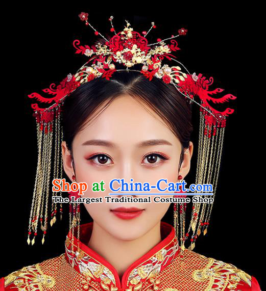 Traditional Chinese Wedding Handmade Red Phoenix Coronet Ancient Bride Hairpins Hair Accessories Complete Set