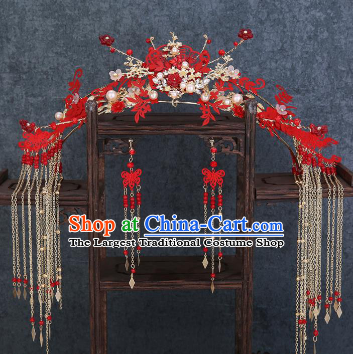 Traditional Chinese Wedding Handmade Red Phoenix Coronet Ancient Bride Hairpins Hair Accessories Complete Set